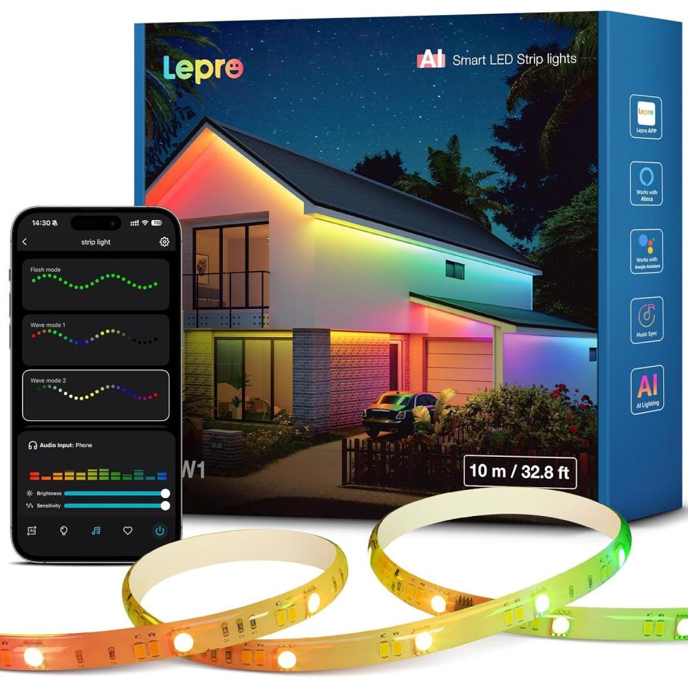 imageLepro SW1 AI Smart Outdoor LED Strip Lights 328ft IP65 Waterproof RGBCW Light Strips 2700K5700K Tunable Warm White APP ControlNo Remote 24G WiFi Lights for Holiday Decor House Porch Eave