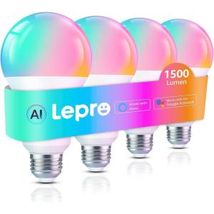 Lepro B3 AI Smart Light Bulbs – 1500LM 100W Equivalent A21 Bulb, WiFi & Bluetooth RGBWW Color Changing, Works with Alexa & Google Assistant, AI Voice Control by App, Music Sync, 2.4GHz Only (4 Pack)