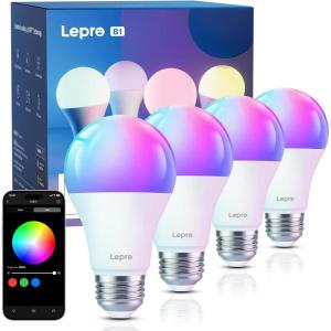 Lepro B1 Christmas Light Bulbs – Smart Mood Recognition, Music Sync, 2.4Ghz WiFi RGBWW Color Changing LED Bulb, Voice Control Via App, Compatible with Alexa & Google Assistant, 4 Packs