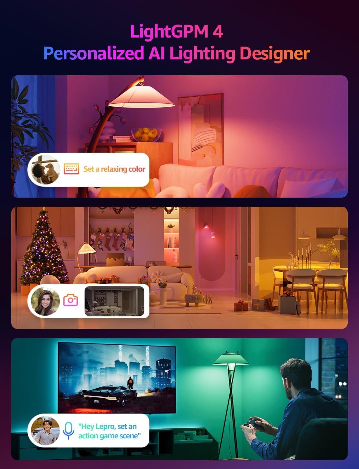 image:imageLepro BR2 AI LED Smart Bulbs AI Generated Lighting LightGPM 4 with LLM LightBeats Music Sync Voice Control Via App RGBWW Colors Compatible with Alexa amp Google Assistant BR30 E26 8W 4 Packs