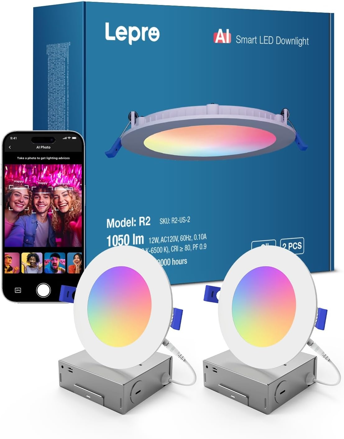 image:imageLepro Bundle R2 AI Smart LED Canless Light 6 Inch with Mood Recognition Music Sync Group Control 12W1050 Lumen 11 inch 24 watt Flush Mount LED Ceiling Light 2400 Lumen