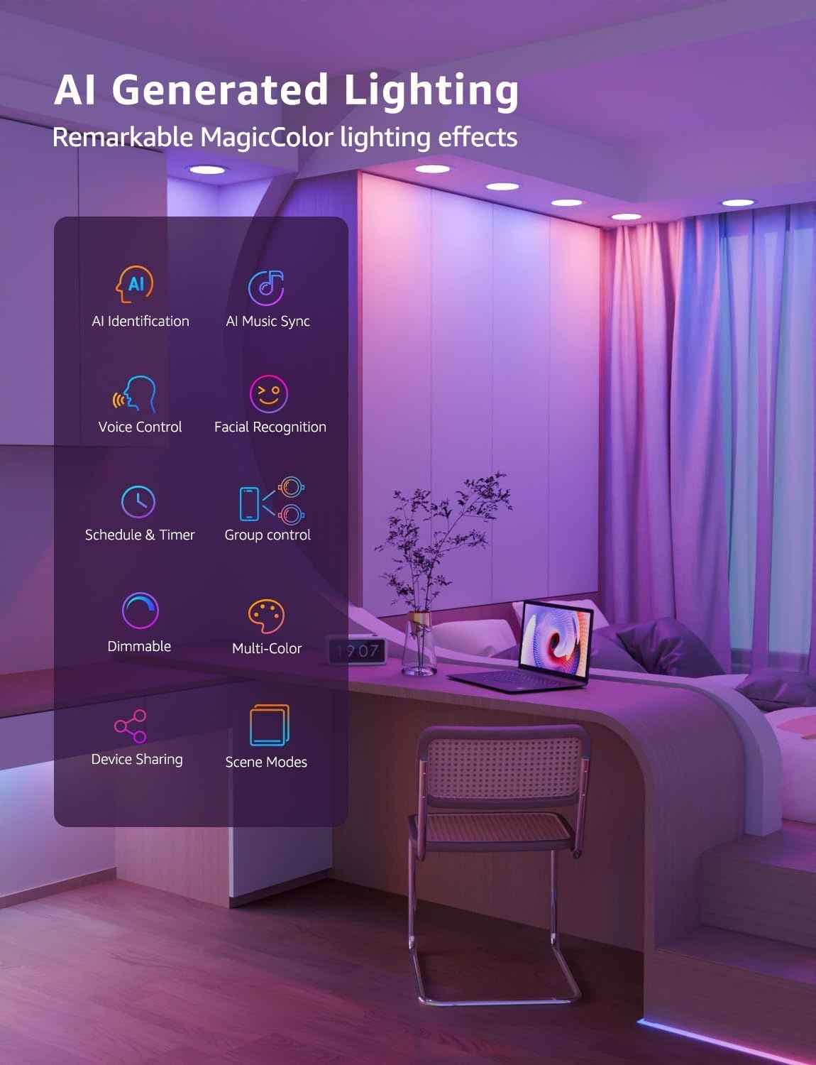 image:imageLepro Bundle R2 AI Smart LED Recessed Lighting 6 Inch with Mood Recognition Music Sync Group Control 12W 1050 Lumen Clip on Desk Lamp LED Reading Light Dimmable