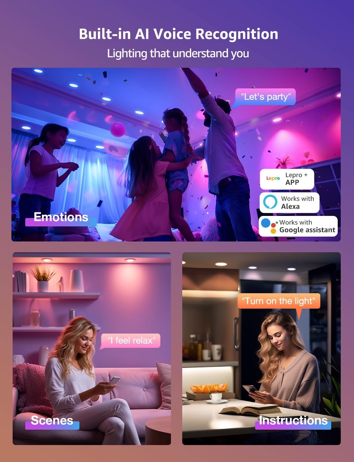 image:imageLepro Bundle R2 AI Smart LED Recessed Lighting 6 Inch with Mood Recognition Music Sync Group Control 12W 1050 Lumen Desk Lamp with Clamp LED Reading Lamp with 3 Color Modes 10 Brightness