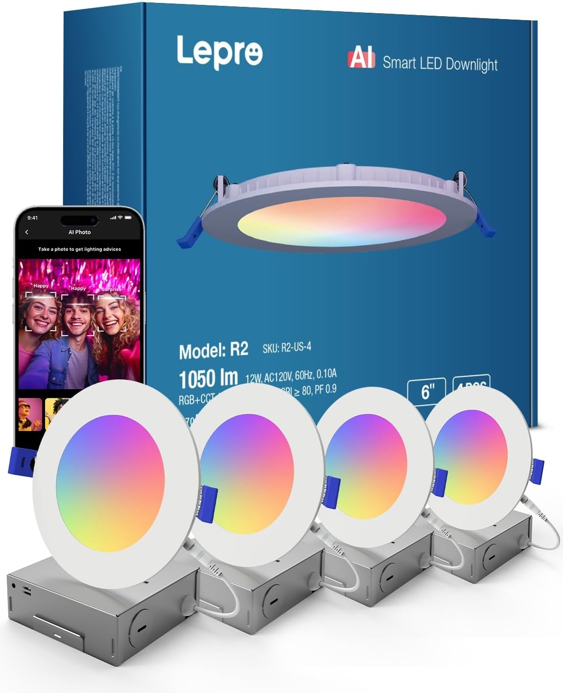 image:imageLepro Bundle R2 AI Smart LED Recessed Lighting 6 Inch with Mood Recognition Music Sync Group Control 12W 1050 Lumen