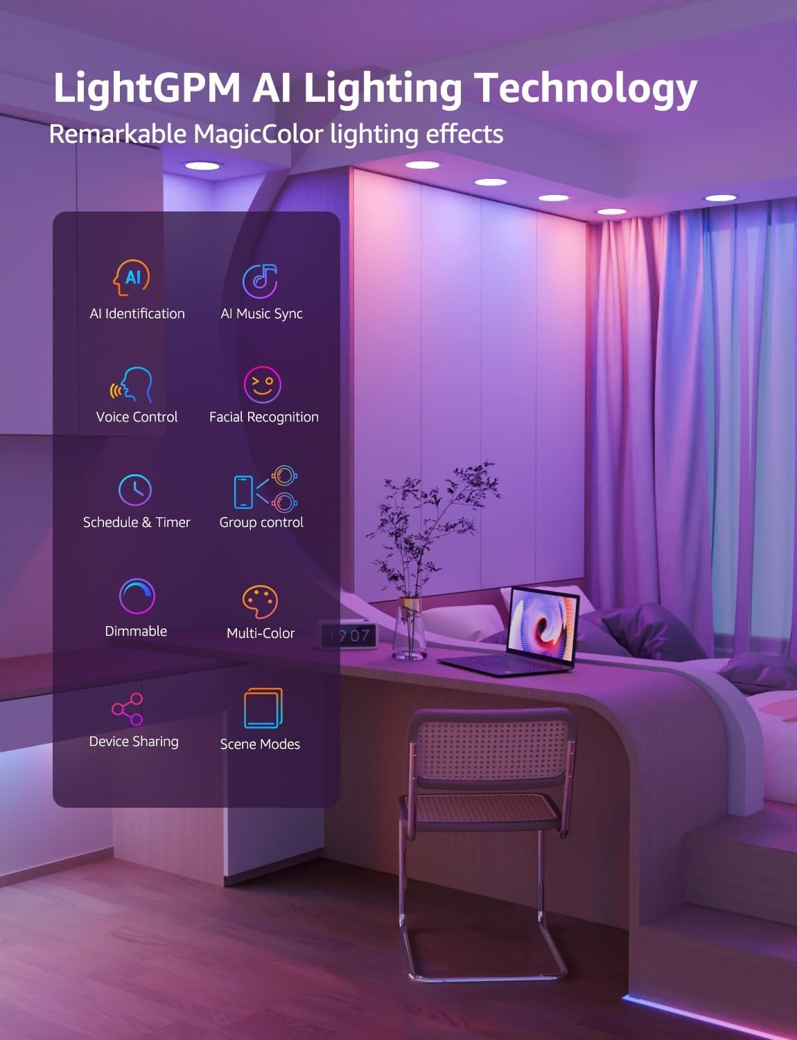 image:imageLepro R2 AI Generated LightingSmart LED Recessed Lighting 6 Inch with Mood Recognition RGBCW Downlights Connect Via App Work with Alexa amp Google Assistant Music Sync Group Control 12W 6Pack