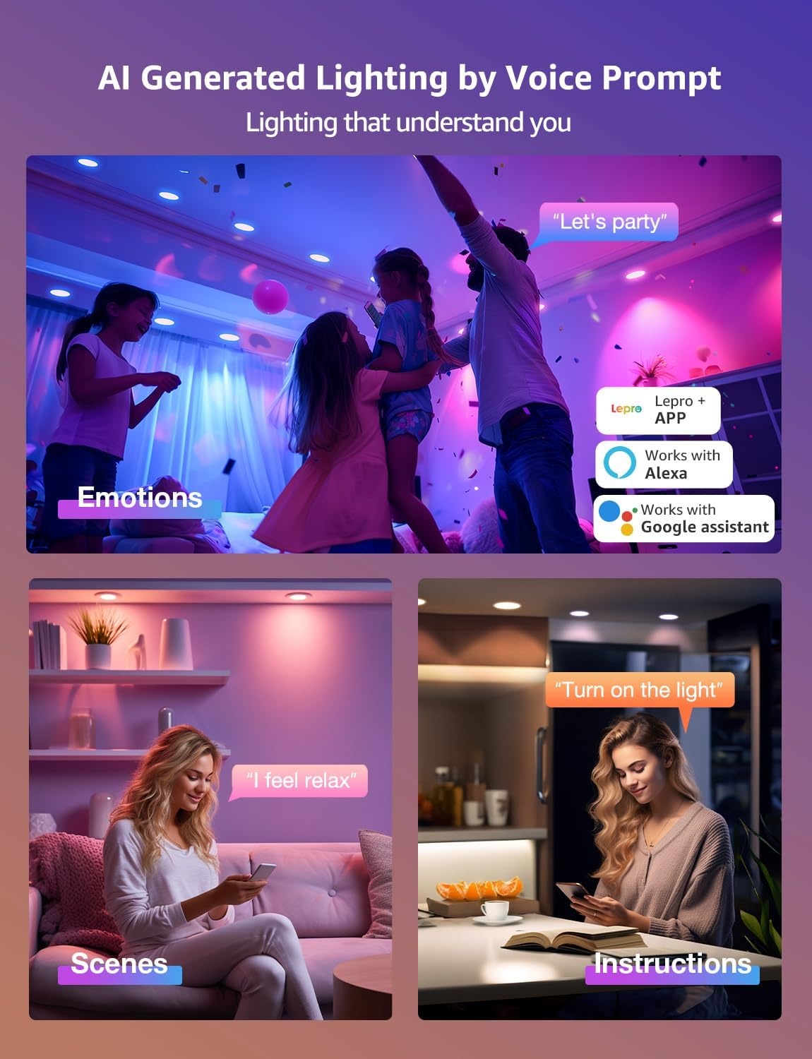 image:imageLepro R2 AI Generated LightingSmart LED Recessed Lighting 6 Inch with Mood Recognition RGBCW Downlights Connect Via App Work with Alexa amp Google Assistant Music Sync Group Control 12W 6Pack