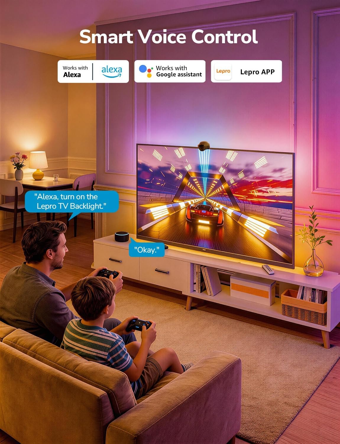 image:imageLepro STV1 TV Backlight with UltraWide Camera 118FT TruetoScreen Color Sync LED Lights for 5565 Inch TVs Smart App and Voice Control LightIMS Instant Sync amp AI Lighting for Family Movie Nights164FT for 7585 TV