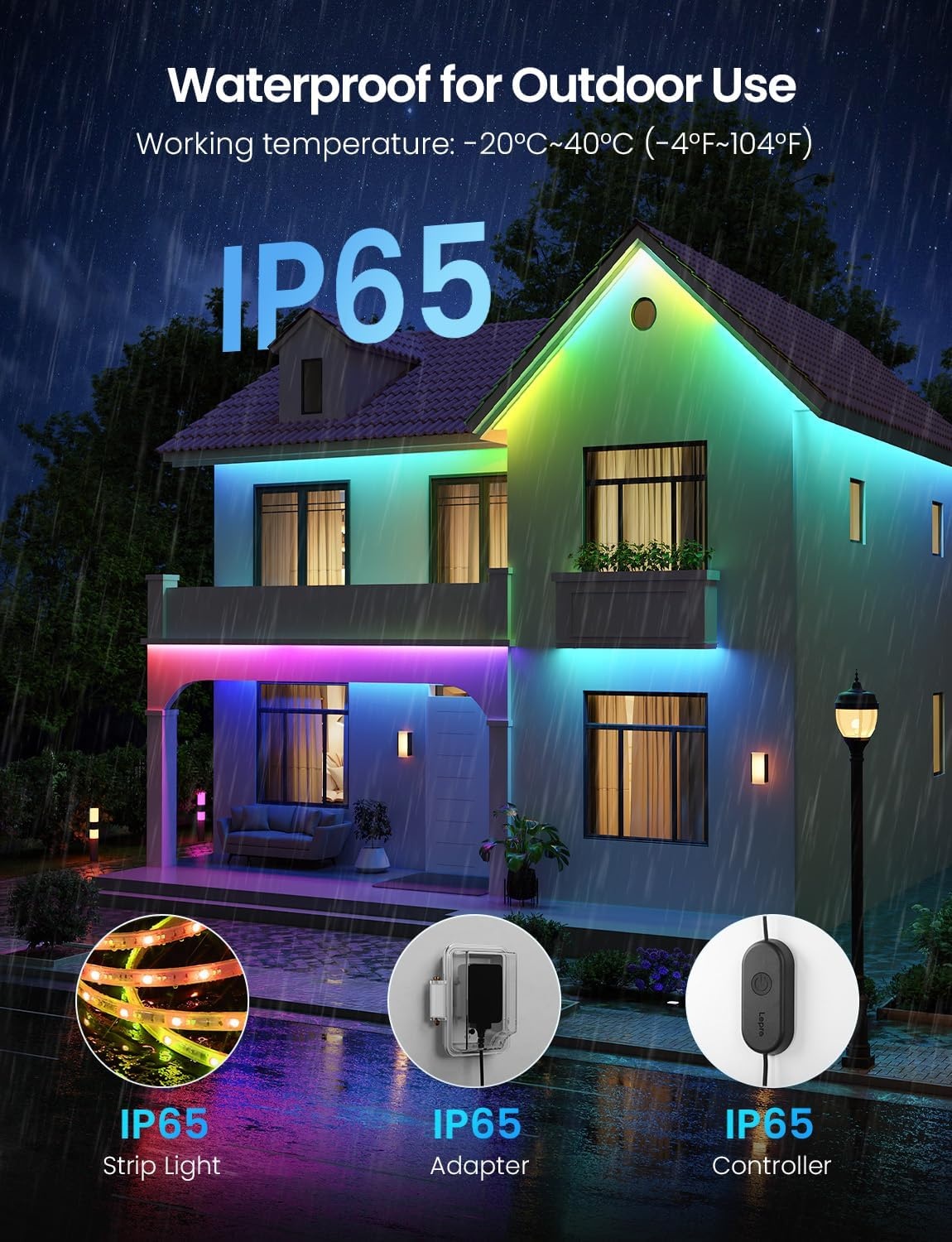 image:imageLepro SW1 AI Smart Outdoor LED Strip Lights 492ft IP65 Waterproof RGBCW Light Strips 2700K5700K Tunable Warm White APP ControlNo Remote 24G WiFi Lights for Holiday Decor House Porch Eave328FT