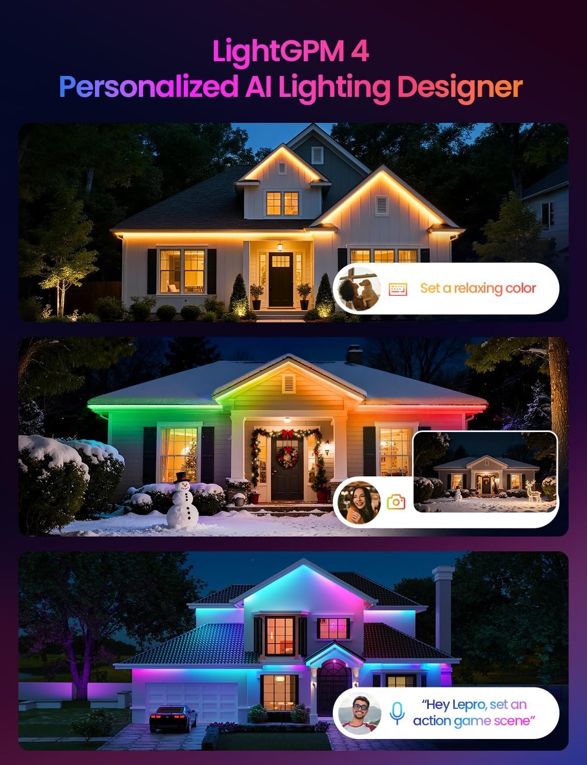 image:imageLepro SW1 AI Smart Outdoor LED Strip Lights 492ft IP65 Waterproof RGBCW Light Strips 2700K5700K Tunable Warm White APP ControlNo Remote 24G WiFi Lights for Holiday Decor House Porch Eave984FT