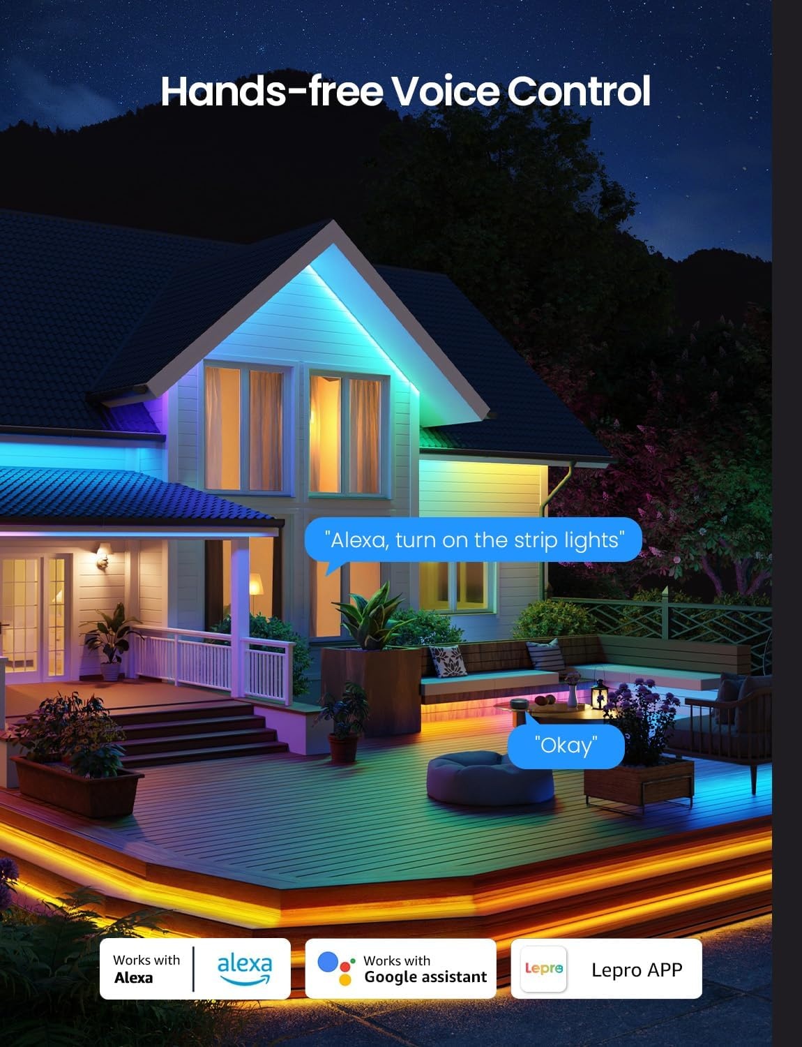 image:imageLepro SW1 AI Smart Outdoor LED Strip Lights 492ft IP65 Waterproof RGBCW Light Strips 2700K5700K Tunable Warm White APP ControlNo Remote 24G WiFi Lights for Holiday Decor House Porch Eave328FT