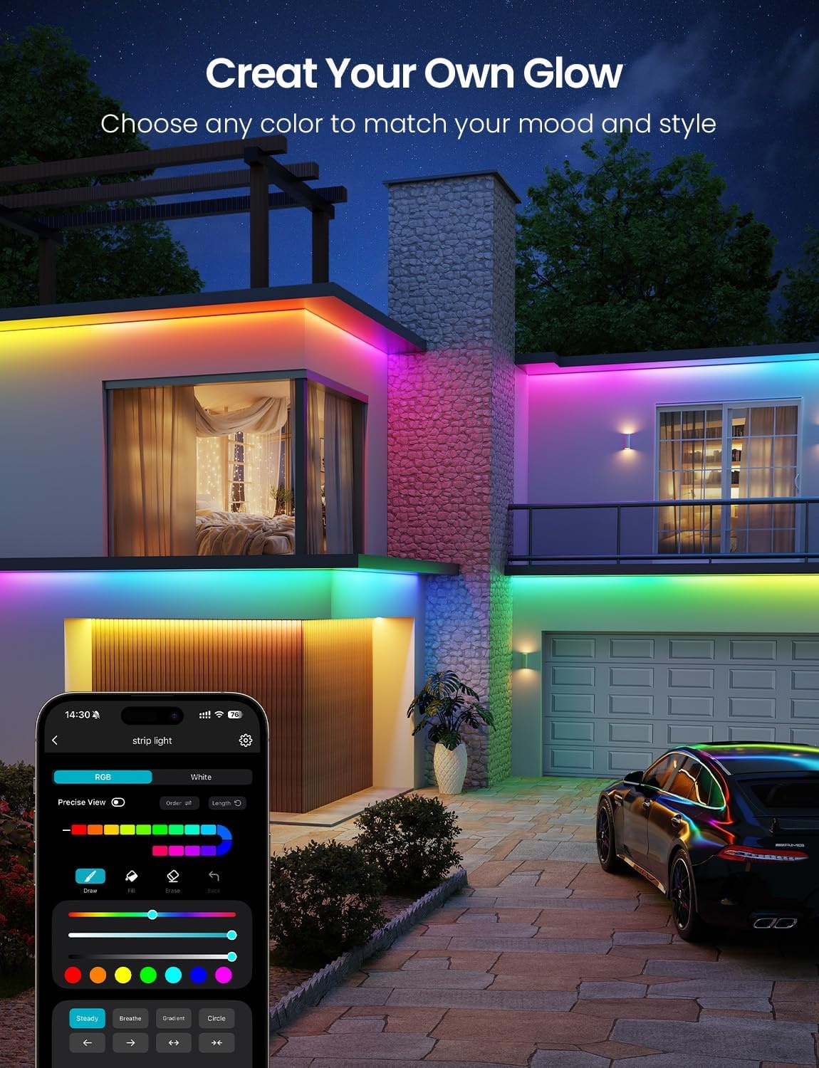 image:imageLepro SW1 AI Smart Outdoor LED Strip Lights 492ft IP65 Waterproof RGBCW Light Strips 2700K5700K Tunable Warm White APP ControlNo Remote 24G WiFi Lights for Holiday Decor House Porch Eave328FT
