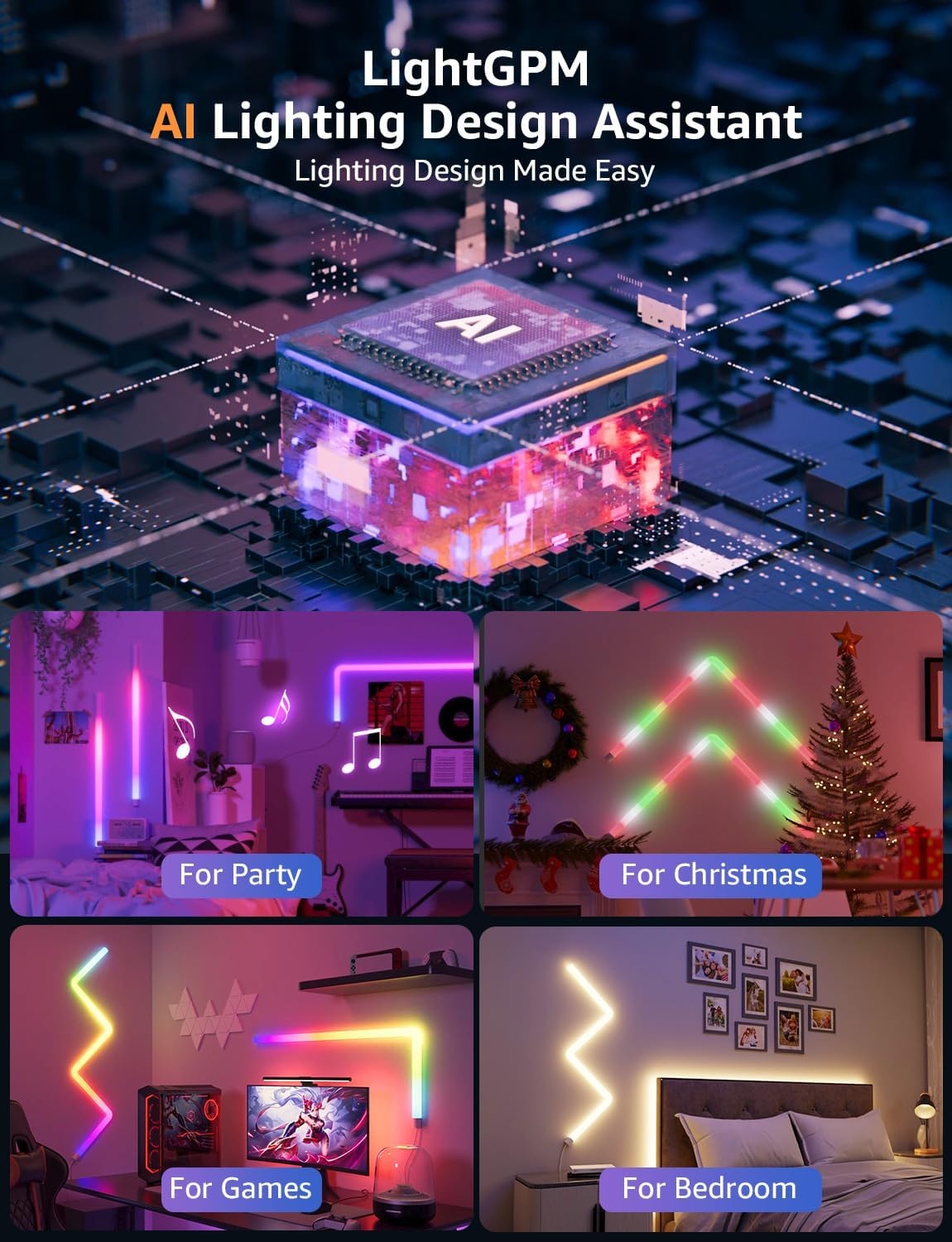 image:imageLepro WL1 AI Smart RGB Wall Lights for Christmas Decorations LLM AI Generated Lighting with LightBeats Music Sync Voice Control Via App WiFi amp Bluetooth LED Light Bars 6 Pcs with 2 Corners84