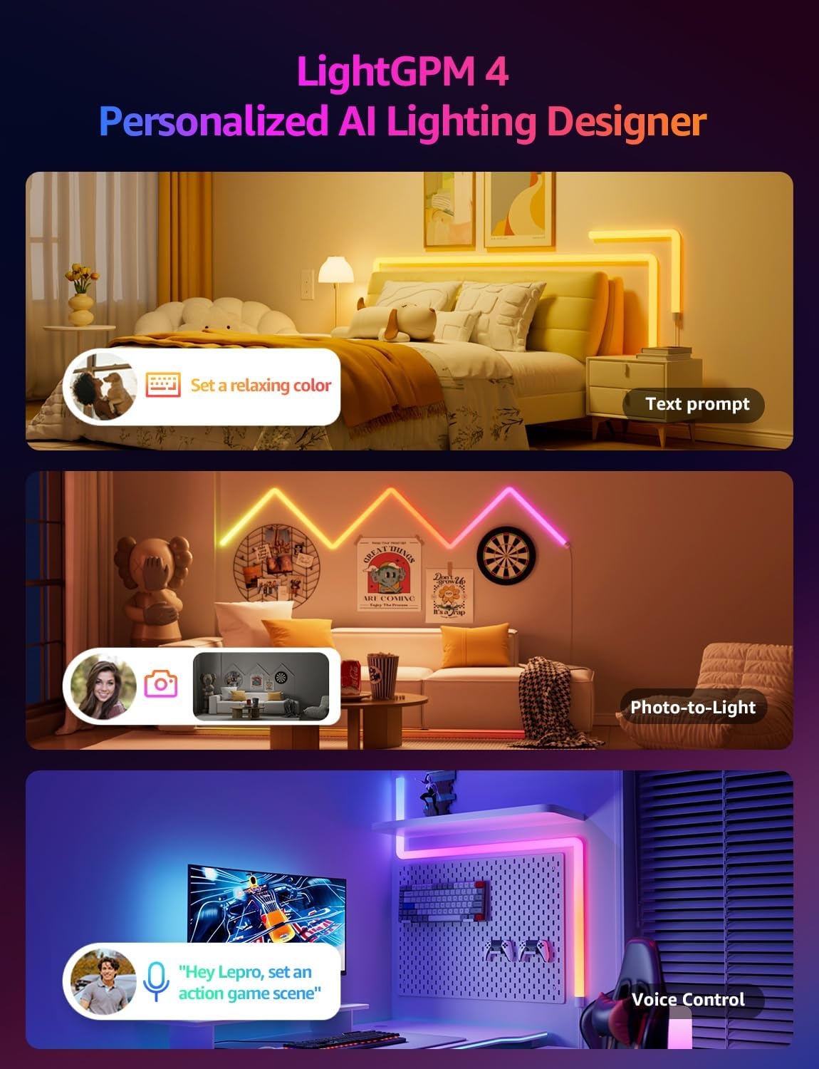 image:imageLepro WL1 AI Smart RGB Wall Lights for Christmas Decorations LLM AI Generated Lighting with LightBeats Music Sync Voice Control Via App WiFi amp Bluetooth LED Light Bars 6 Pcs with 2 Corners62