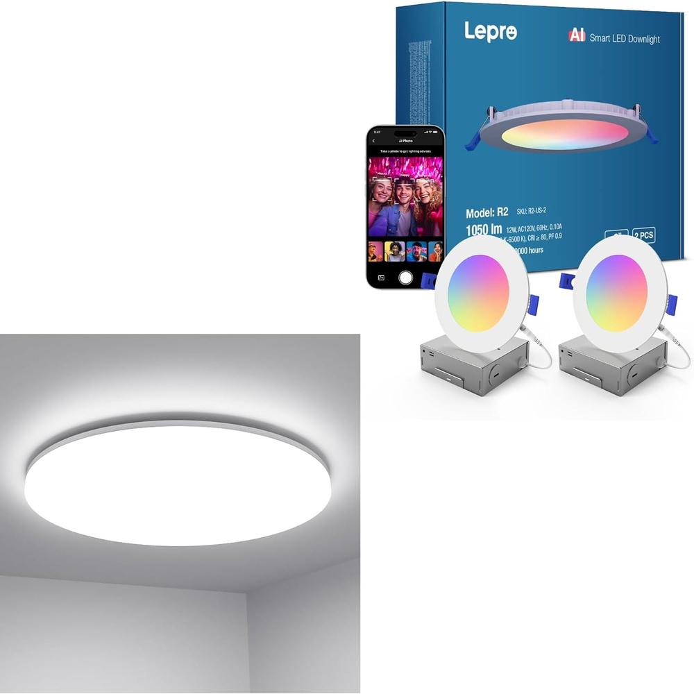 image:imageLepro Bundle R2 AI Smart LED Canless Light 6 Inch with Mood Recognition Music Sync Group Control 12W1050 Lumen 11 inch 24 watt Flush Mount LED Ceiling Light 2400 Lumen