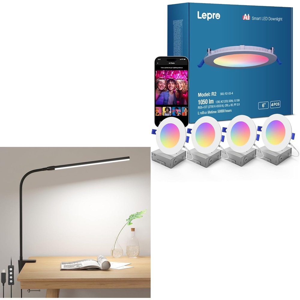 image:imageLepro Bundle R2 AI Smart LED Recessed Lighting 6 Inch with Mood Recognition Music Sync Group Control 12W 1050 Lumen Clip on Desk Lamp LED Reading Light Dimmable