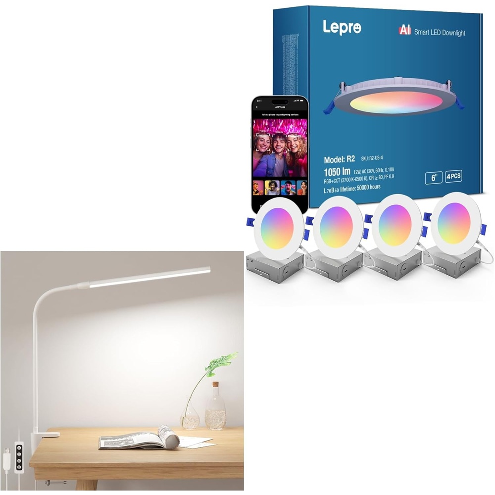image:imageLepro Bundle R2 AI Smart LED Recessed Lighting 6 Inch with Mood Recognition Music Sync Group Control 12W 1050 Lumen Desk Lamp with Clamp LED Reading Lamp with 3 Color Modes 10 Brightness