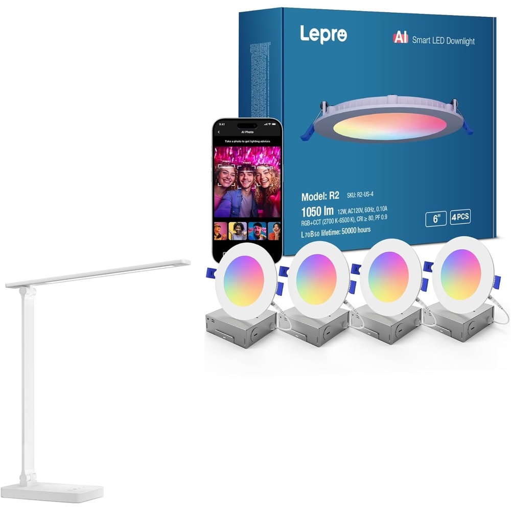 image:imageLepro Bundle R2 AI Smart LED Recessed Lighting 6 Inch with Mood Recognition Music Sync Group Control 12W 1050 Lumen LED Desk Lamp 9W 550lm Dimmable