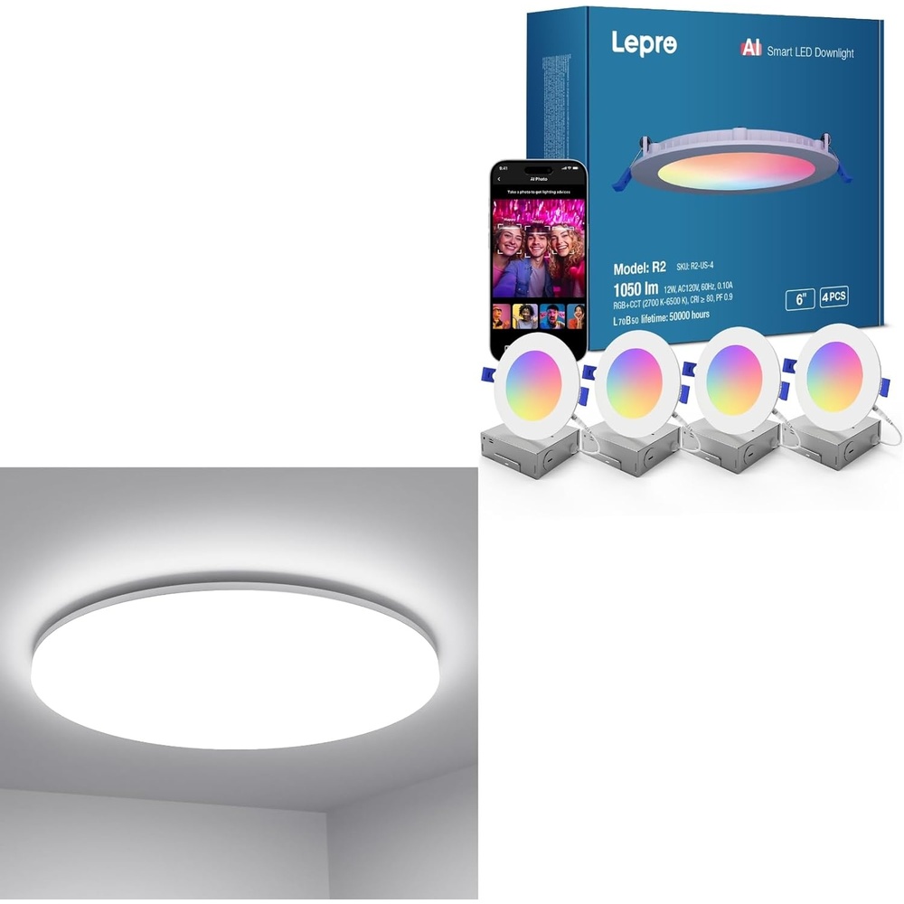 image:imageLepro Bundle R2 AI Smart LED Recessed Lighting 6 Inch with Mood Recognition Music Sync Group Control 12W 1050 Lumen4Pack 11 inch 24 watt Flush Mount LED Ceiling Light 2400 Lumen
