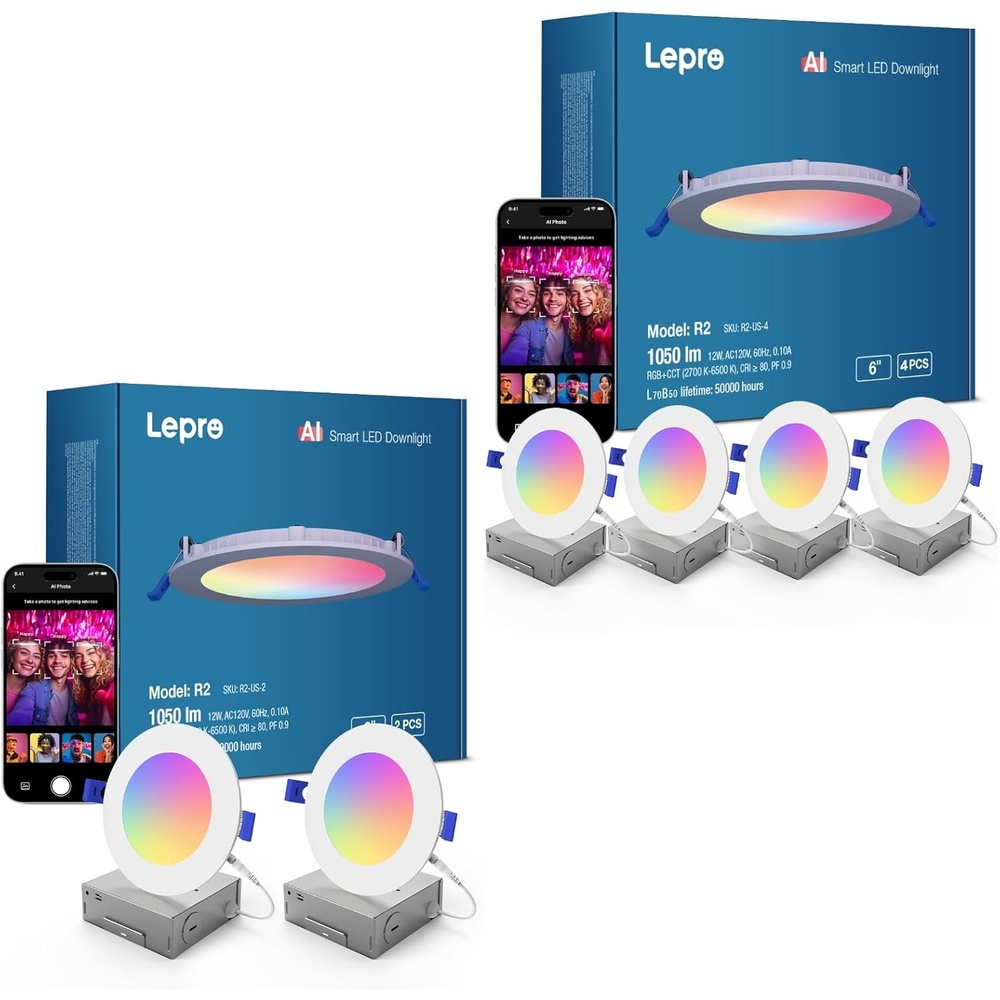 image:imageLepro R2 AI Generated LightingSmart LED Recessed Lighting 6 Inch with Mood Recognition RGBCW Downlights Connect Via App Work with Alexa amp Google Assistant Music Sync Group Control 12W 6Pack