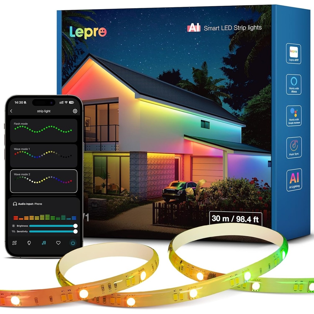 image:imageLepro SW1 AI Smart Outdoor LED Strip Lights 492ft IP65 Waterproof RGBCW Light Strips 2700K5700K Tunable Warm White APP ControlNo Remote 24G WiFi Lights for Holiday Decor House Porch Eave984FT