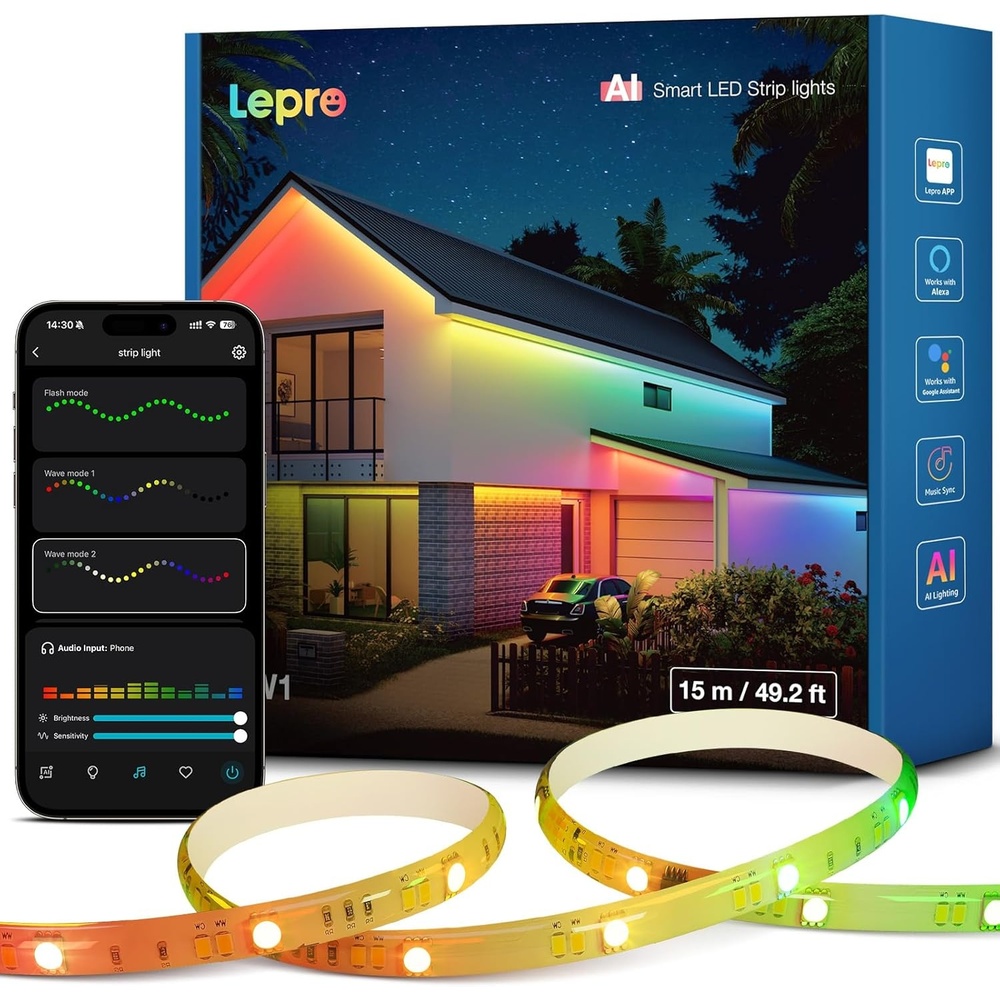 image:imageLepro SW1 AI Smart Outdoor LED Strip Lights 492ft IP65 Waterproof RGBCW Light Strips 2700K5700K Tunable Warm White APP ControlNo Remote 24G WiFi Lights for Holiday Decor House Porch Eave492FT