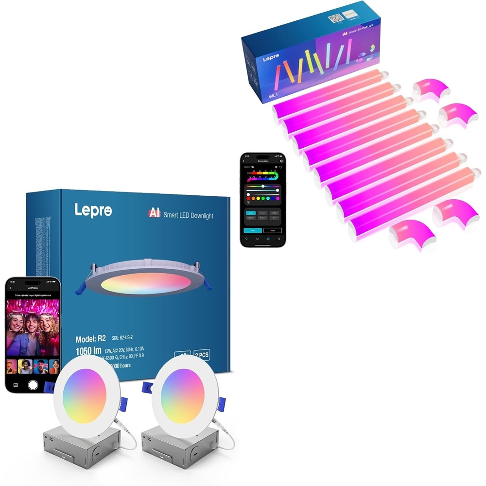image:imageLepro BundleR2 AI Smart LED Canless Light 6 Inch with Mood RecognitionWL1 AI Smart RGB Wall Lights with IC Insert LightBeats Music Sync AI Facial Recognition