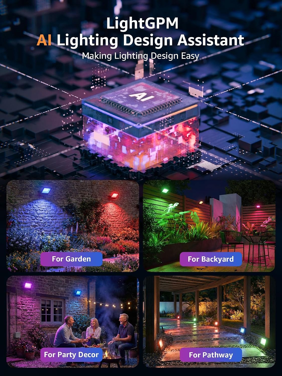 image:imageLepro F2 AI Flood Lights Outdoor 30W LED Smart Landscape Lighting with APP Control IP65 Waterproof 2700LM RGBW Color Changing 2700K Warm White amp 16M Colors 4 Packs2