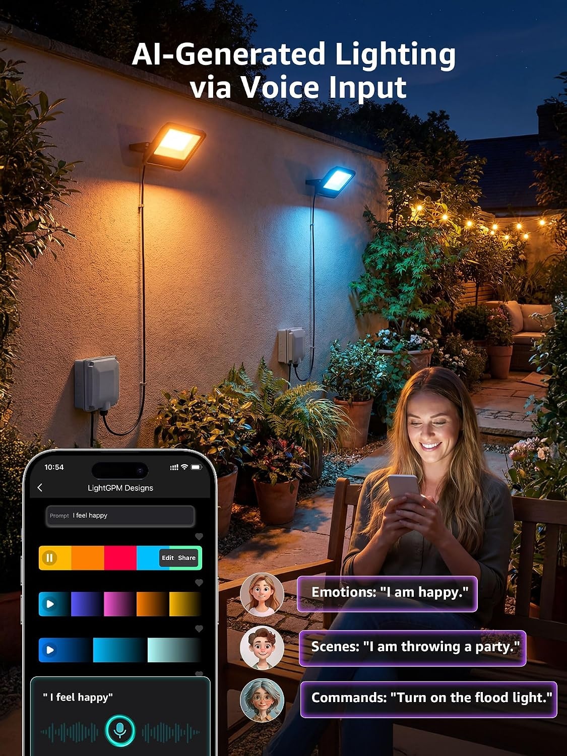 image:imageLepro F2 AI Flood Lights Outdoor 30W LED Smart Landscape Lighting with APP Control IP65 Waterproof 2700LM RGBW Color Changing 2700K Warm White amp 16M Colors 4 Packs4
