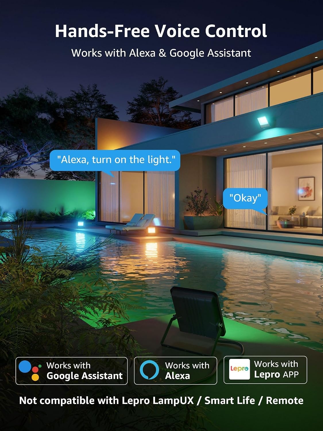 image:imageLepro F2 AI Flood Lights Outdoor 30W LED Smart Landscape Lighting with APP Control IP65 Waterproof 2700LM RGBW Color Changing 2700K Warm White amp 16M Colors 4 Packs4