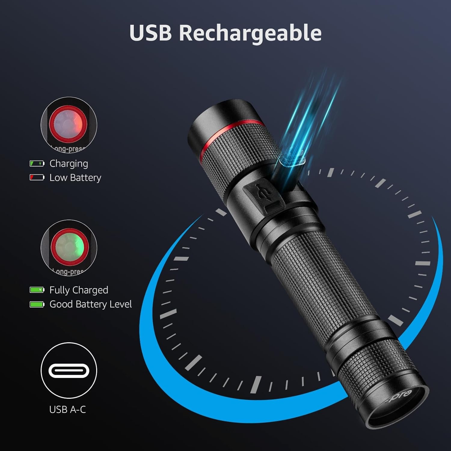 image:imageLepro LED Flashlight Rechargeable 3W 7500K 5V Input with TypeA to TypeC Cable IPX4 Waterproof Zoomable 5 Lighting Modes 150LM