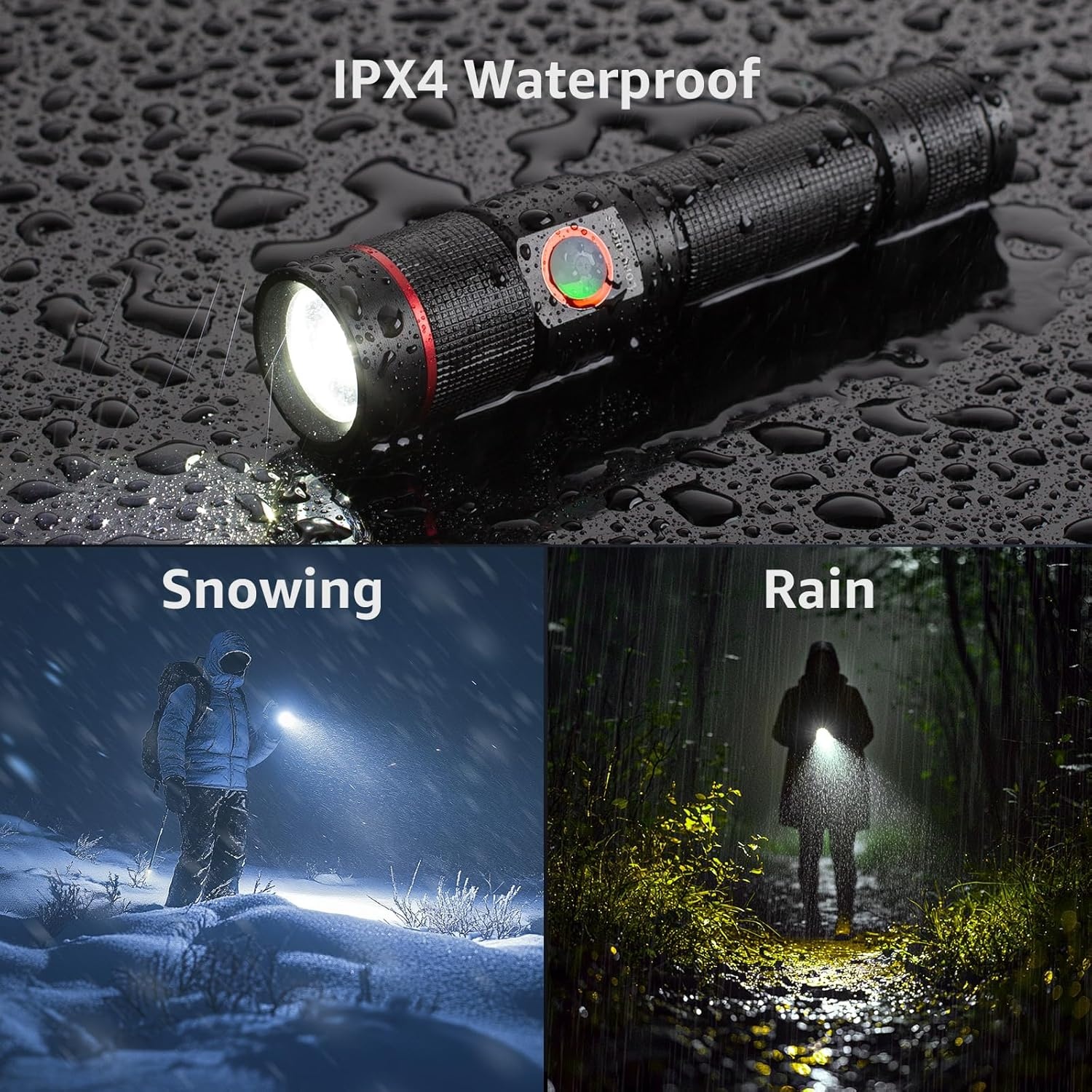 image:imageLepro LED Flashlight Rechargeable 3W 7500K 5V Input with TypeA to TypeC Cable IPX4 Waterproof Zoomable 5 Lighting Modes 150LM