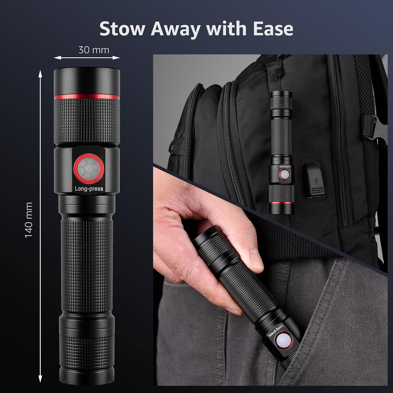 image:imageLepro LED Flashlight Rechargeable 3W 7500K 5V Input with TypeA to TypeC Cable IPX4 Waterproof Zoomable 5 Lighting Modes 150LM