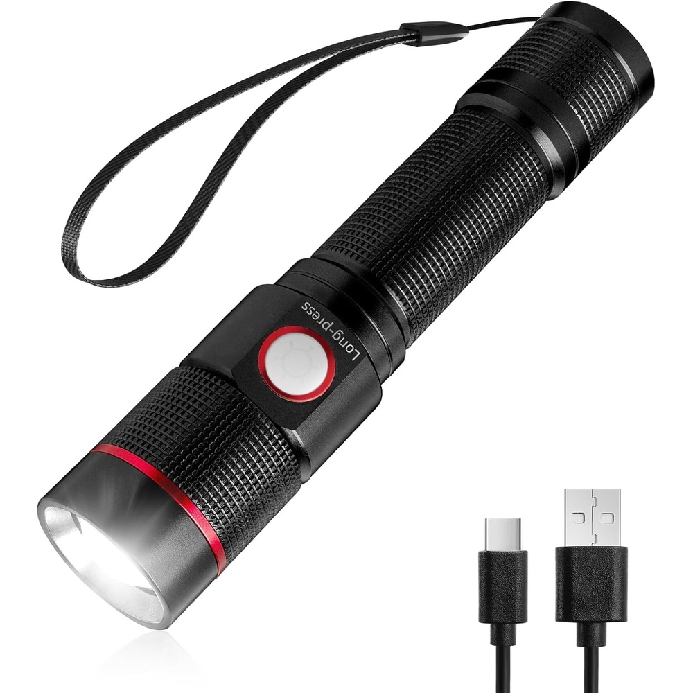 image:imageLepro LED Flashlight Rechargeable 3W 7500K 5V Input with TypeA to TypeC Cable IPX4 Waterproof Zoomable 5 Lighting Modes 150LM