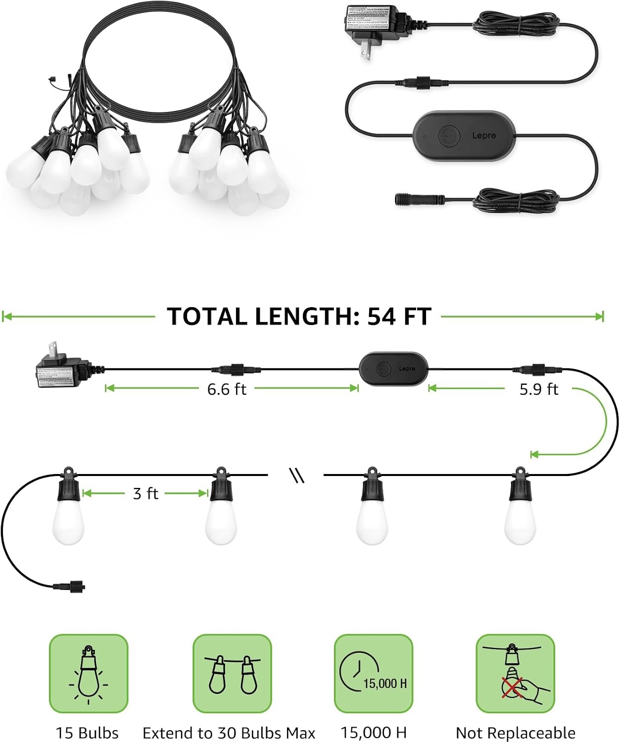 image:imageLepro ZB1 AI Smart Outdoor String Lights 544212 ft RGBICWarm White Outside Light with 15 Plastic LED Bulbs Music Sync Alexa Google Enable 24 GHz WiFiBluetooth APP Control No Remote100 FT