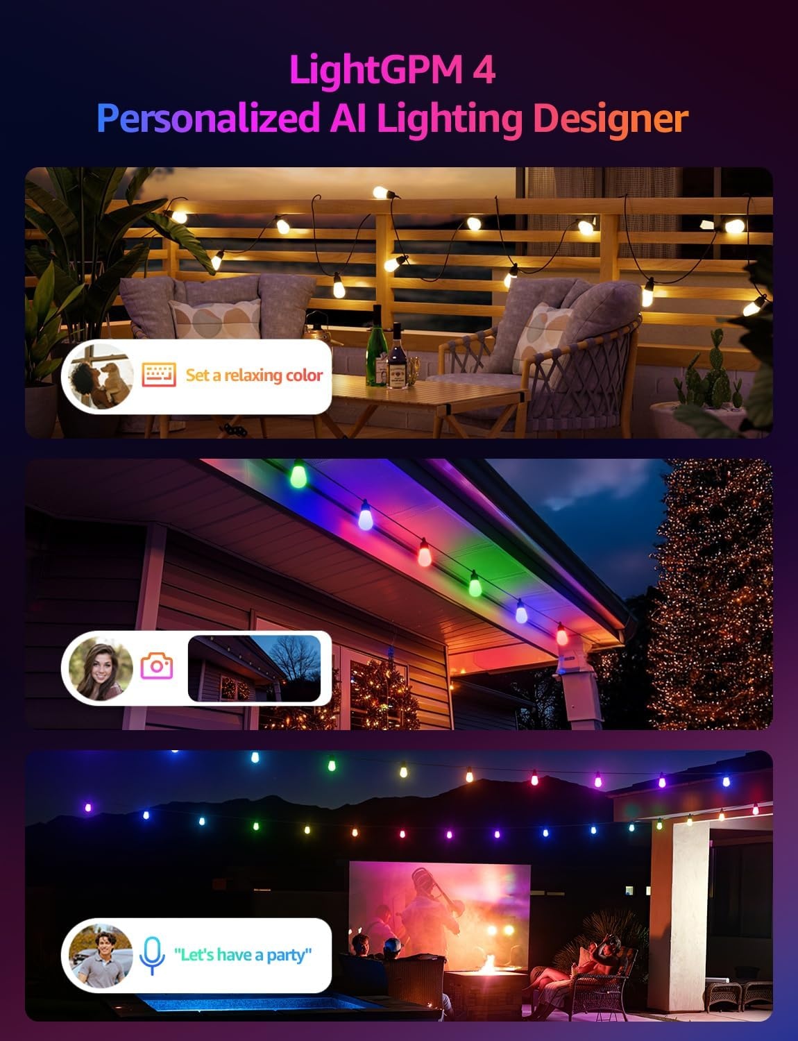 image:imageLepro ZB1 AI Smart Outdoor String Lights 544212 ft RGBICWarm White Outside Light with 15 Plastic LED Bulbs Music Sync Alexa Google Enable 24 GHz WiFiBluetooth APP Control No Remote100 FT