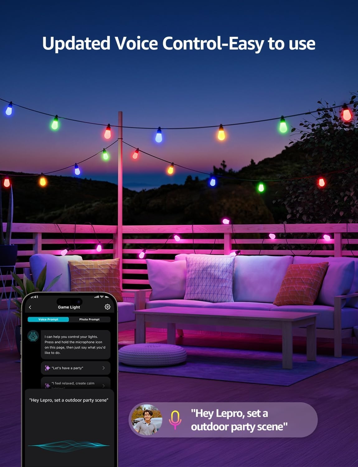 image:imageLepro ZB1 AI Smart Outdoor String Lights 544212 ft RGBICWarm White Outside Light with 15 Plastic LED Bulbs Music Sync Alexa Google Enable 24 GHz WiFiBluetooth APP Control No Remote100 FT