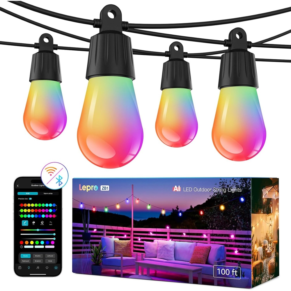 image:imageLepro ZB1 AI Smart Outdoor String Lights 544212 ft RGBICWarm White Outside Light with 15 Plastic LED Bulbs Music Sync Alexa Google Enable 24 GHz WiFiBluetooth APP Control No Remote100 FT