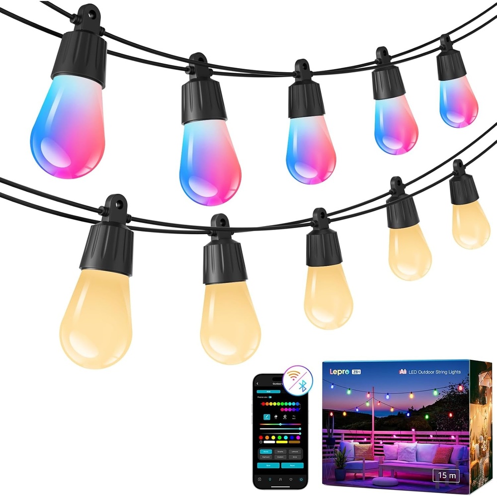 image:imageLepro ZB1 AI Smart Outdoor String Lights 544212 ft RGBICWarm White Outside Light with 15 Plastic LED Bulbs Music Sync Alexa Google Enable 24 GHz WiFiBluetooth APP Control No Remote54 FT