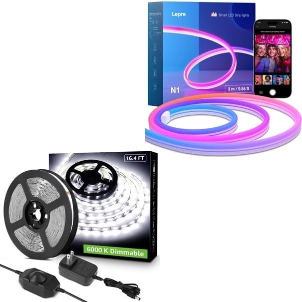 image:imageLepro Bundle  2 Items 164ft Dimmable White LED Strip Light 6000K Super Bright LED Tape Lights amp N1 AI Smart RGB Rope Lights with LightBeats Music Sync AI Facial Recognition Voice Control Via App