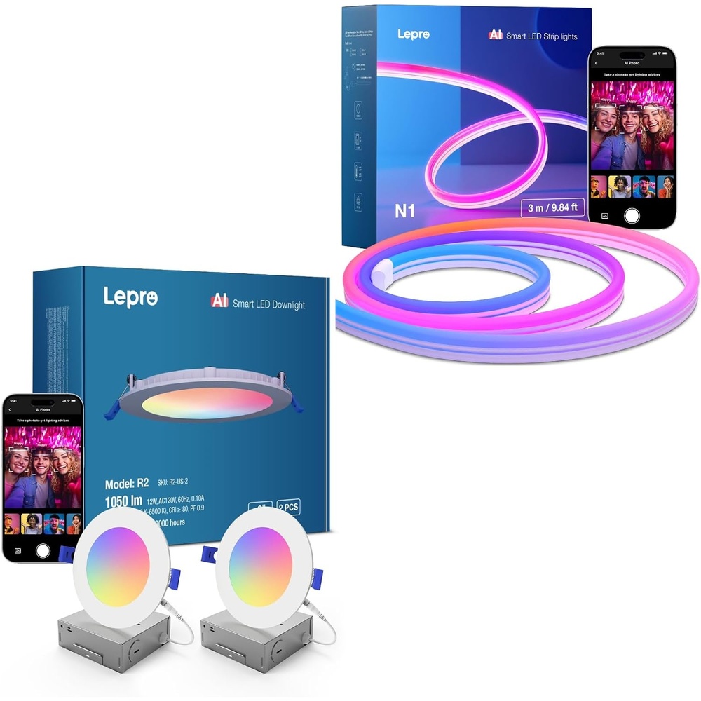 image:imageLepro BundleR2 AI Smart LED Canless Light 6 Inch with Mood RecognitionN1 AI Smart RGB Rope Lights with LightBeats Music Sync AI Facial Recognition
