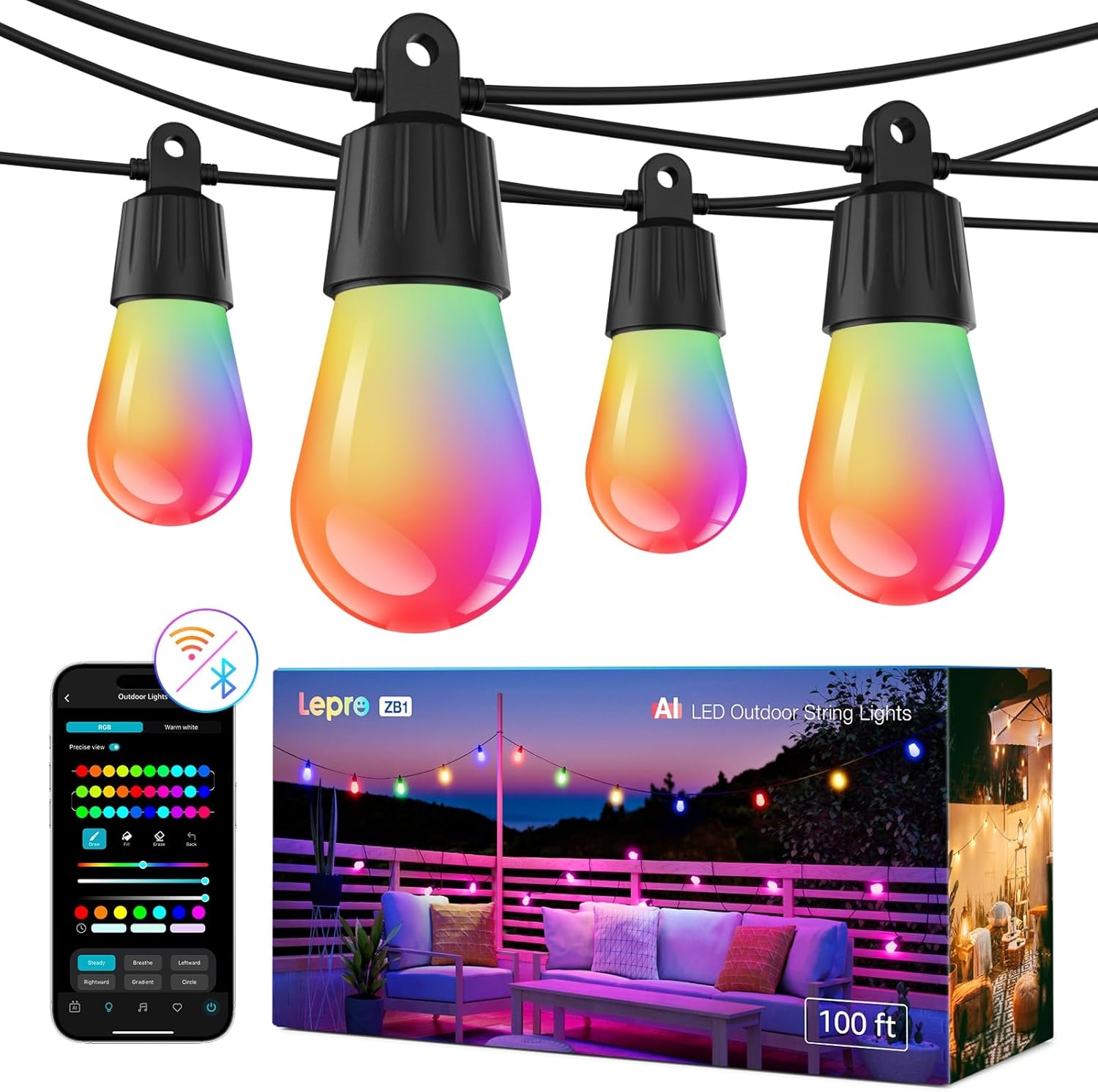 image:imageLepro Bundle 2Pack Solar Flood Light 3 Adjustable Heads with Separeted Solar Panel amp AI Smart Outdoor String Lights