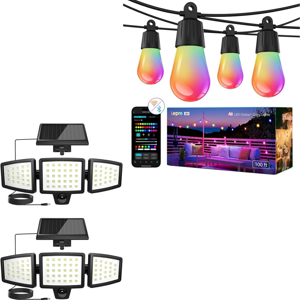 image:imageLepro Bundle  2Pack Solar Flood Light 3 Adjustable Heads with Separeted Solar Panel amp AI Smart Outdoor String Lights