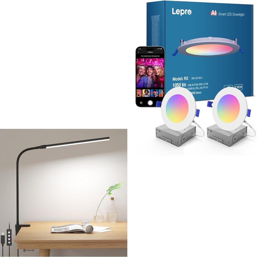 image:imageLepro Bundle R2 AI Smart LED Canless Light 6 Inch with Mood Recognition Music Sync Group Control 12W1050 Lumen Clip on Desk Lamp LED Reading Light Dimmable