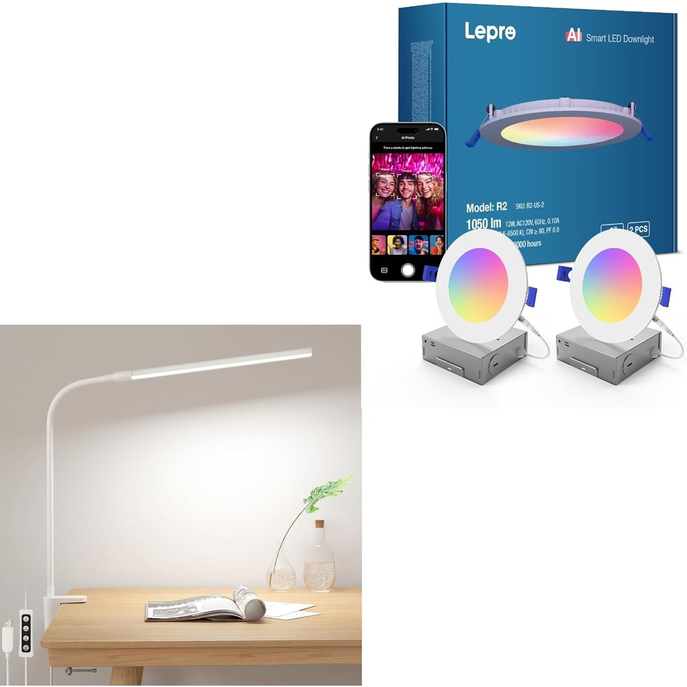 image:imageLepro Bundle  R2 AI Smart LED Canless Light 6 Inch with Mood Recognition Music Sync Group Control 12W1050 Lumen  Desk Lamp with Clamp LED Reading Lamp with 3 Color Modes 10 Brightness