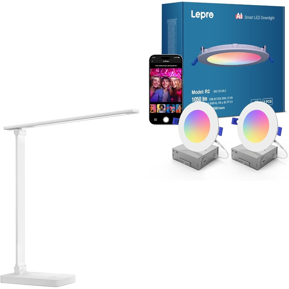 image:imageLepro Bundle  R2 AI Smart LED Canless Light 6 Inch with Mood Recognition Music Sync Group Control 12W1050 Lumen  Metal Desk Light 9W 550lm Dimmable Home Office Desktop Task Lamp Touch Control