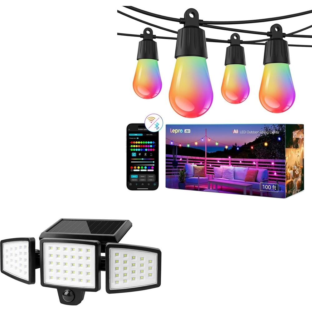 image:imageLepro Bundle  Solar Flood Light 3 Adjustable Heads amp AI Smart Outdoor String Lights