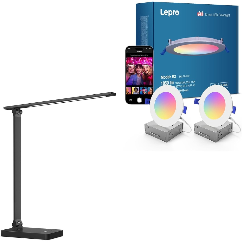 image:imageLepro Bundle R2 AI Smart LED Canless Light 6 Inch with Mood Recognition Music Sync Group Control 12W1050 Lumen 9W Metal Touch Control Desk Lamp 3 Color Modes 5 Brightness Levels