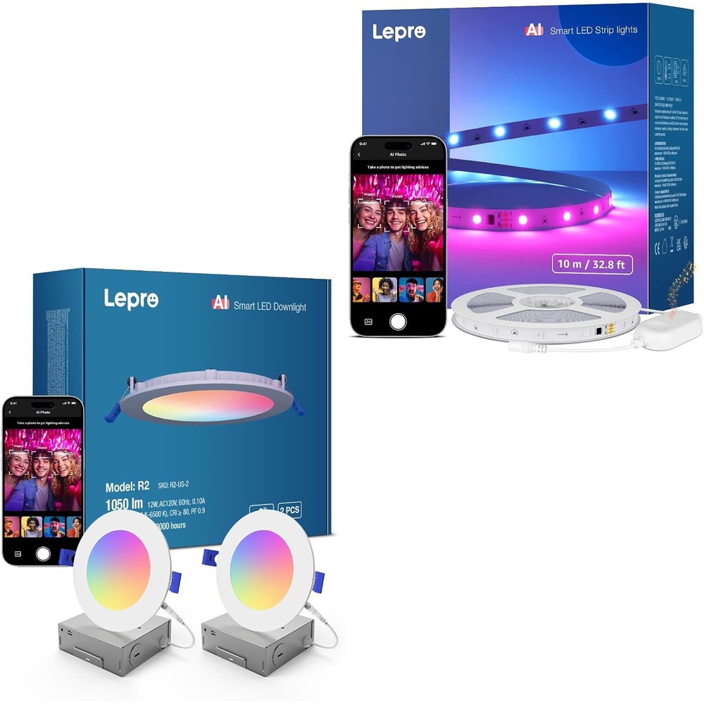 image:imageLepro BundleR2 AI Smart LED Canless Light 6 Inch with Mood Recognition S1 AI Smart LED Strip Lights 328ft MagicColor Light Strips with IC Insert