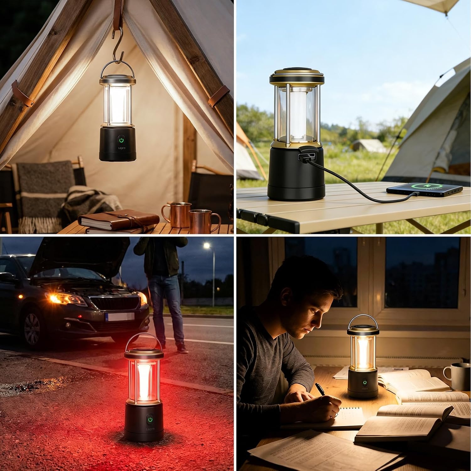 image:imageLepro 2000LM LED Camping Lantern Rechargeable Waterproof Tent Light with 5 Light Modes Camping Essentials Portable Lantern Flashlight for Camping Emergency Light Power Outage USB Cable IncludedBlack