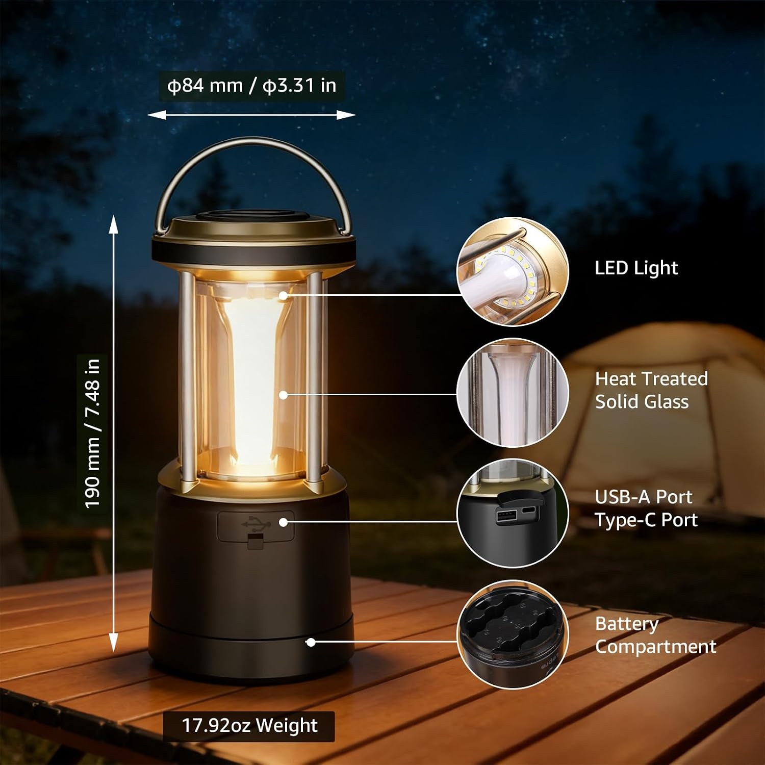 image:imageLepro 2000LM LED Camping Lantern Rechargeable Waterproof Tent Light with 5 Light Modes Camping Essentials Portable Lantern Flashlight for Camping Emergency Light Power Outage USB Cable IncludedBlack